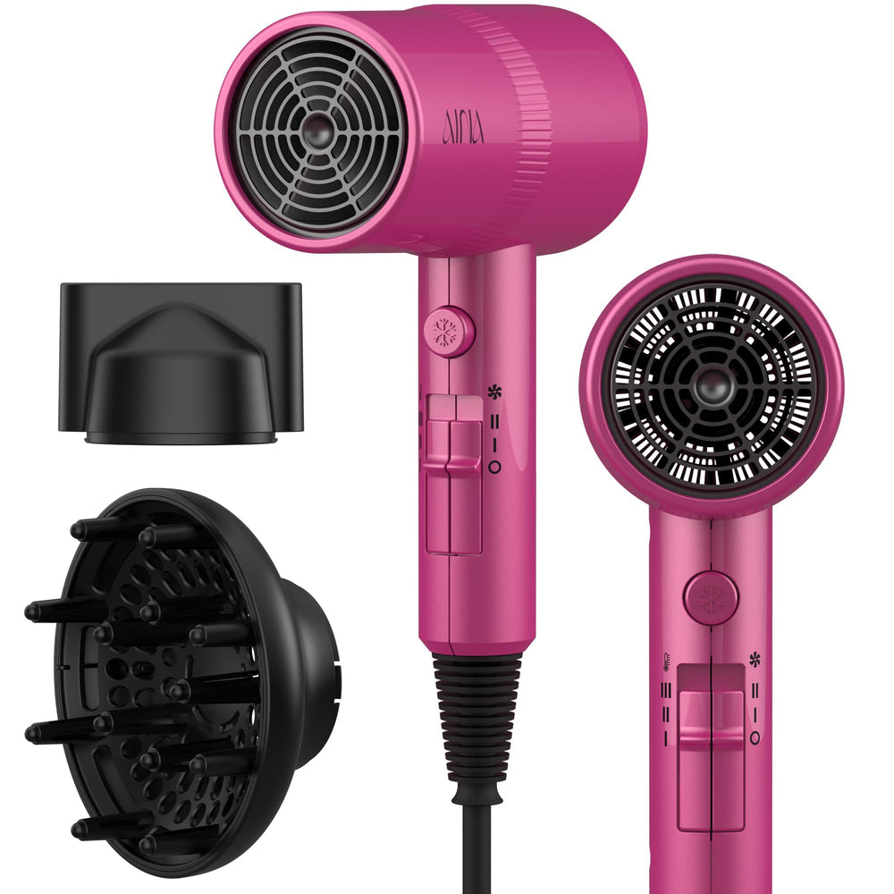 Aina secador de cabello con difusor rosa neon para peinados con volumen suave.