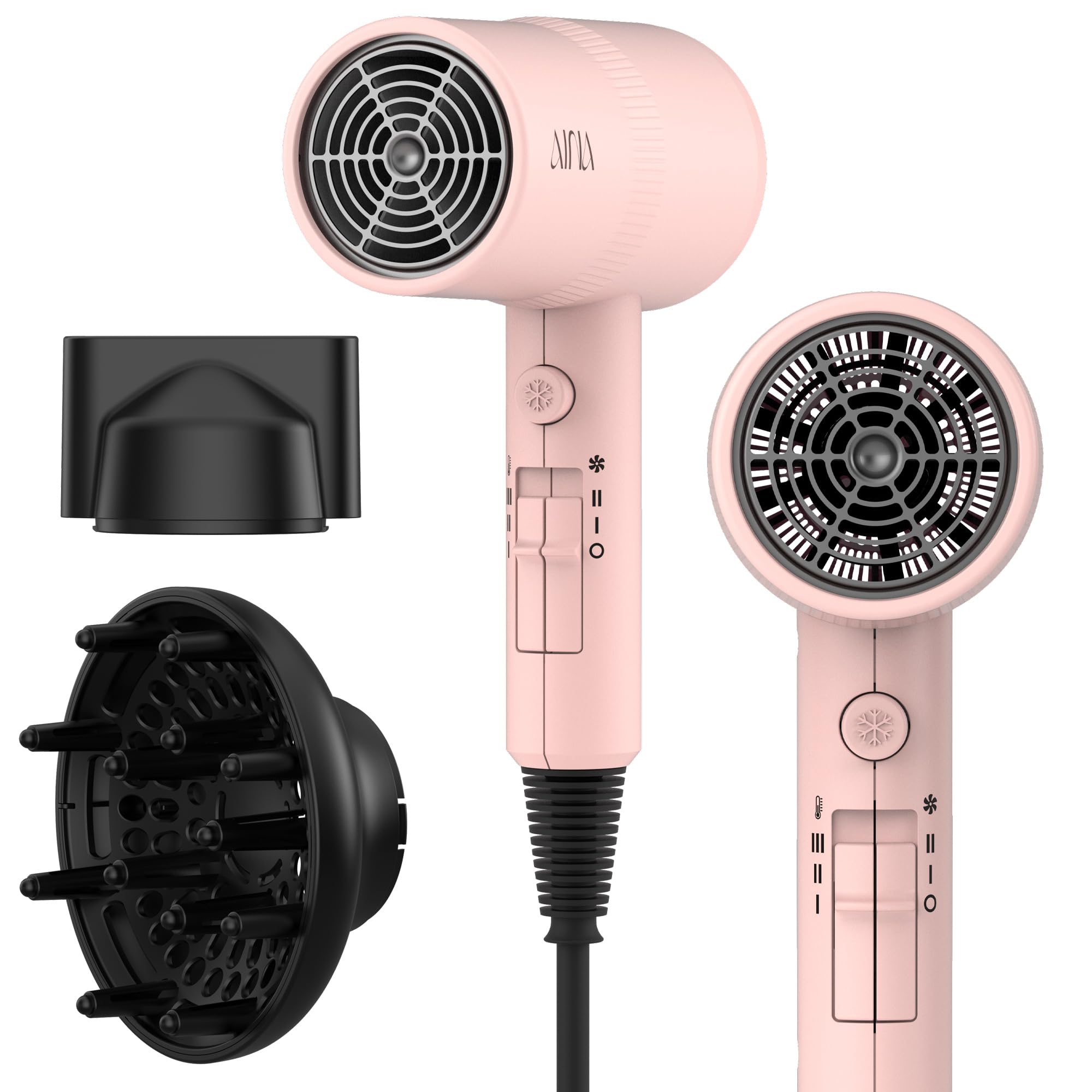 Aina secador de pelo con difusor en rosa intenso para un acabado suave.