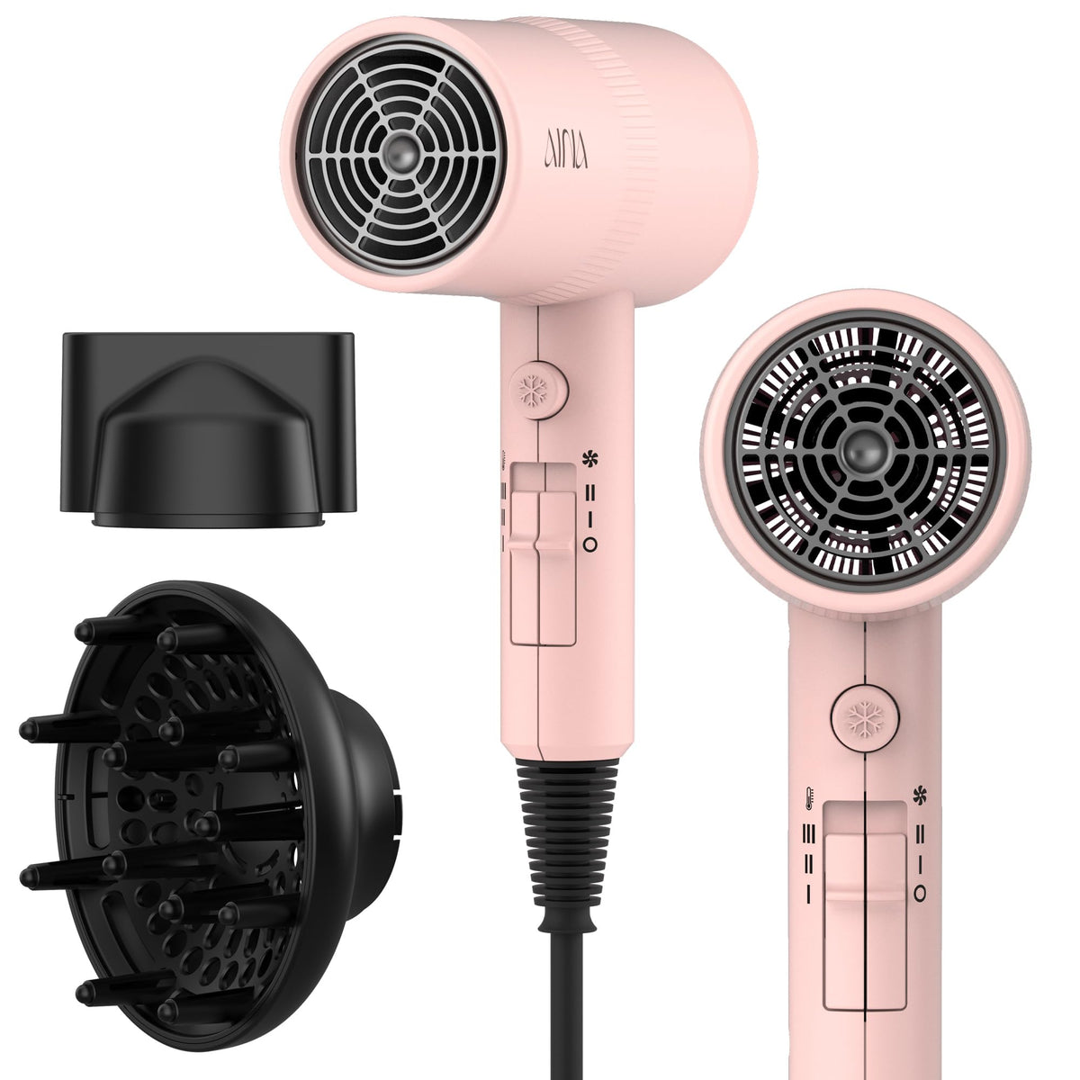 Aina secador de pelo con difusor en rosa intenso para un acabado suave.