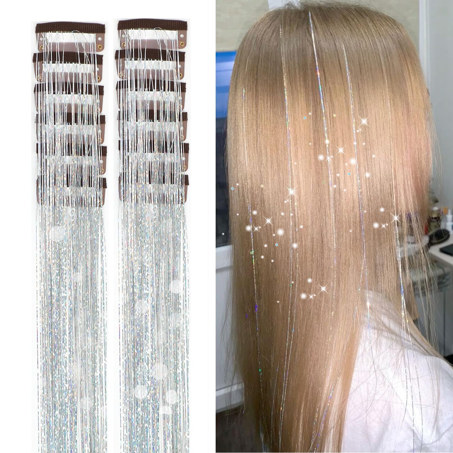 Ainitops mechones de purpurina plateados con clip, brillo duradero para fiestas.