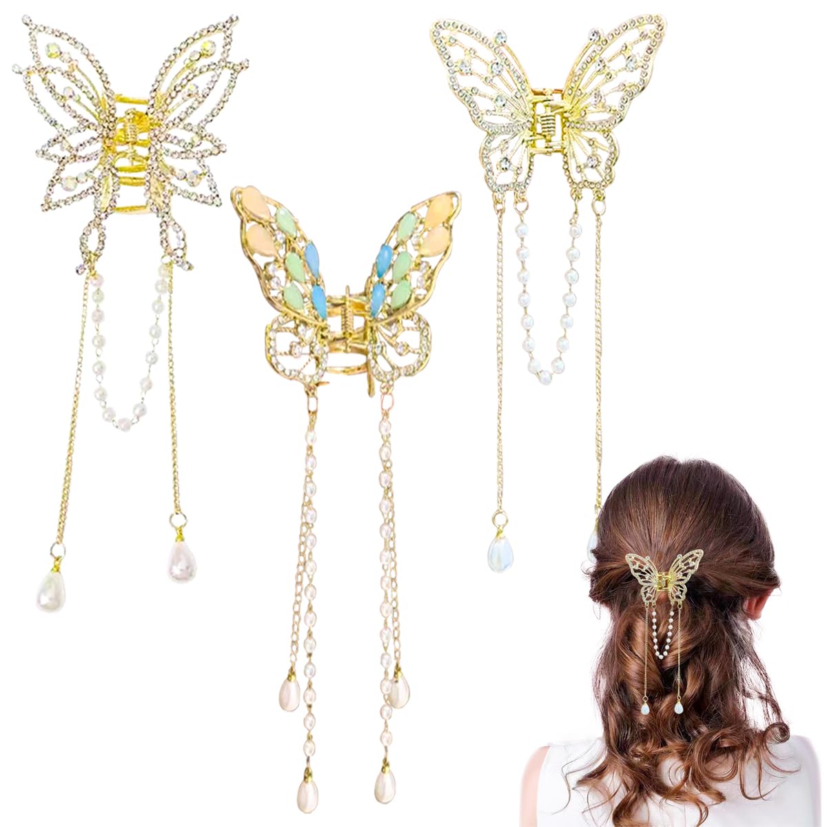 Pinza para cabello AINVHH mariposa con cristales de metal, ideal para uso diario.