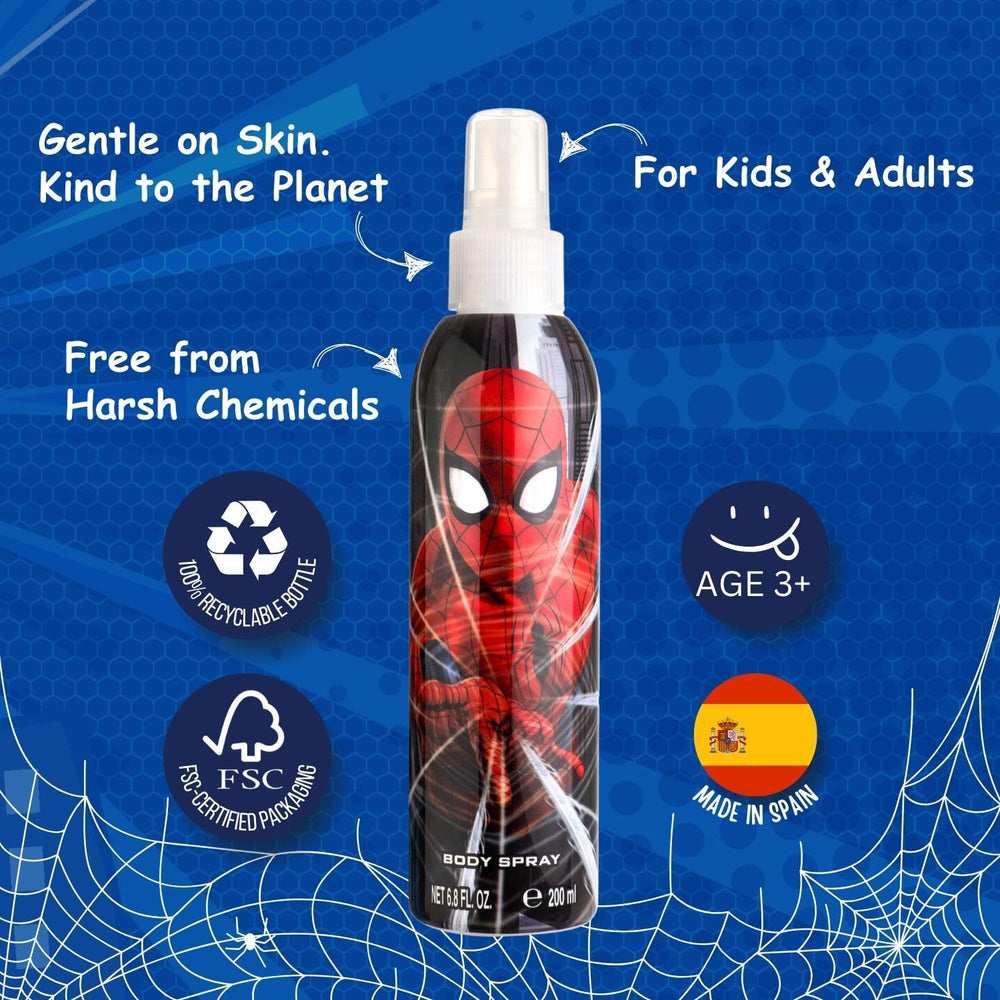 Air-Val Marvel Spider-Man colonia, niño sonriente listo para la aventura.