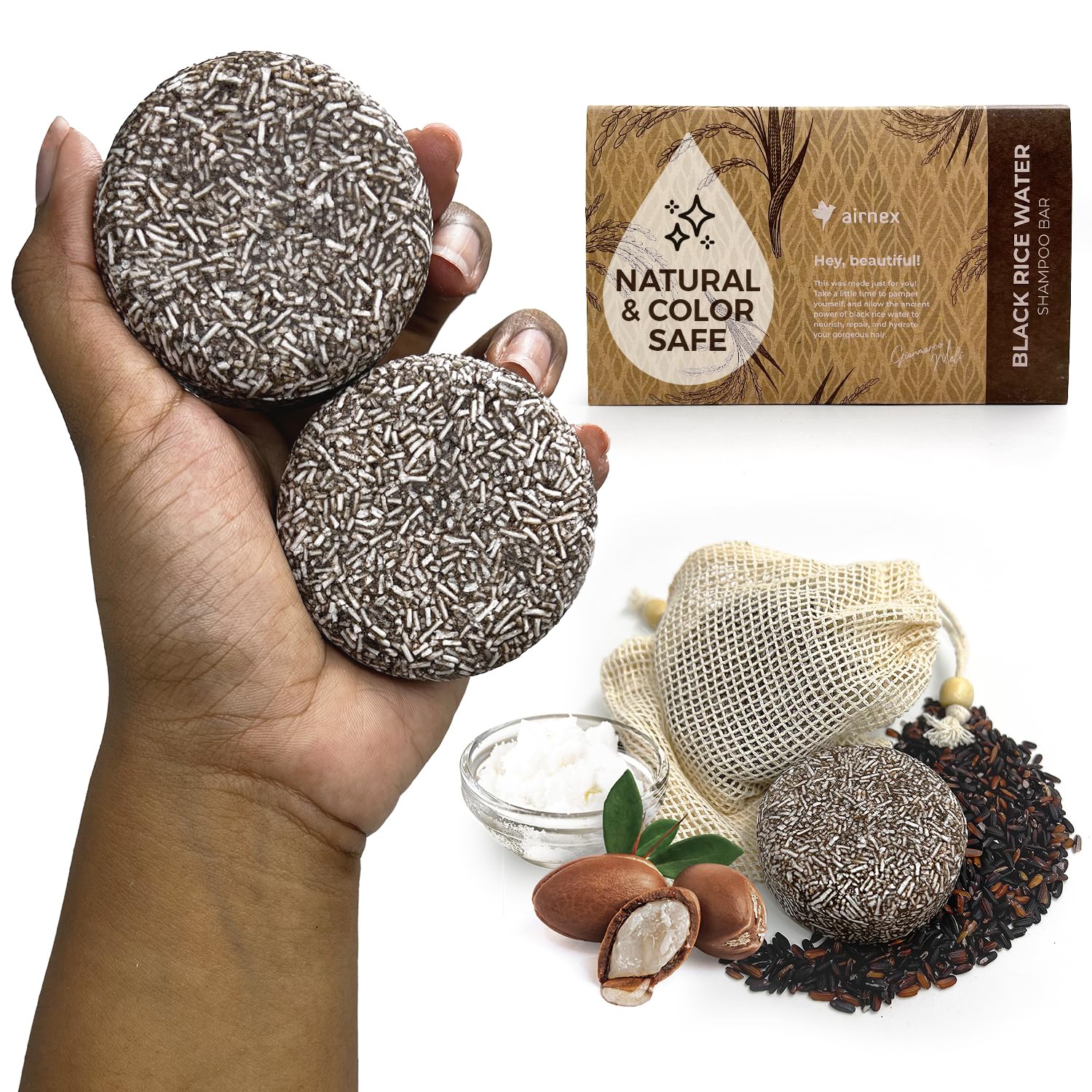 AirNEX champú en barra arroz negro fermentado listo para uso diario con nutrición suave