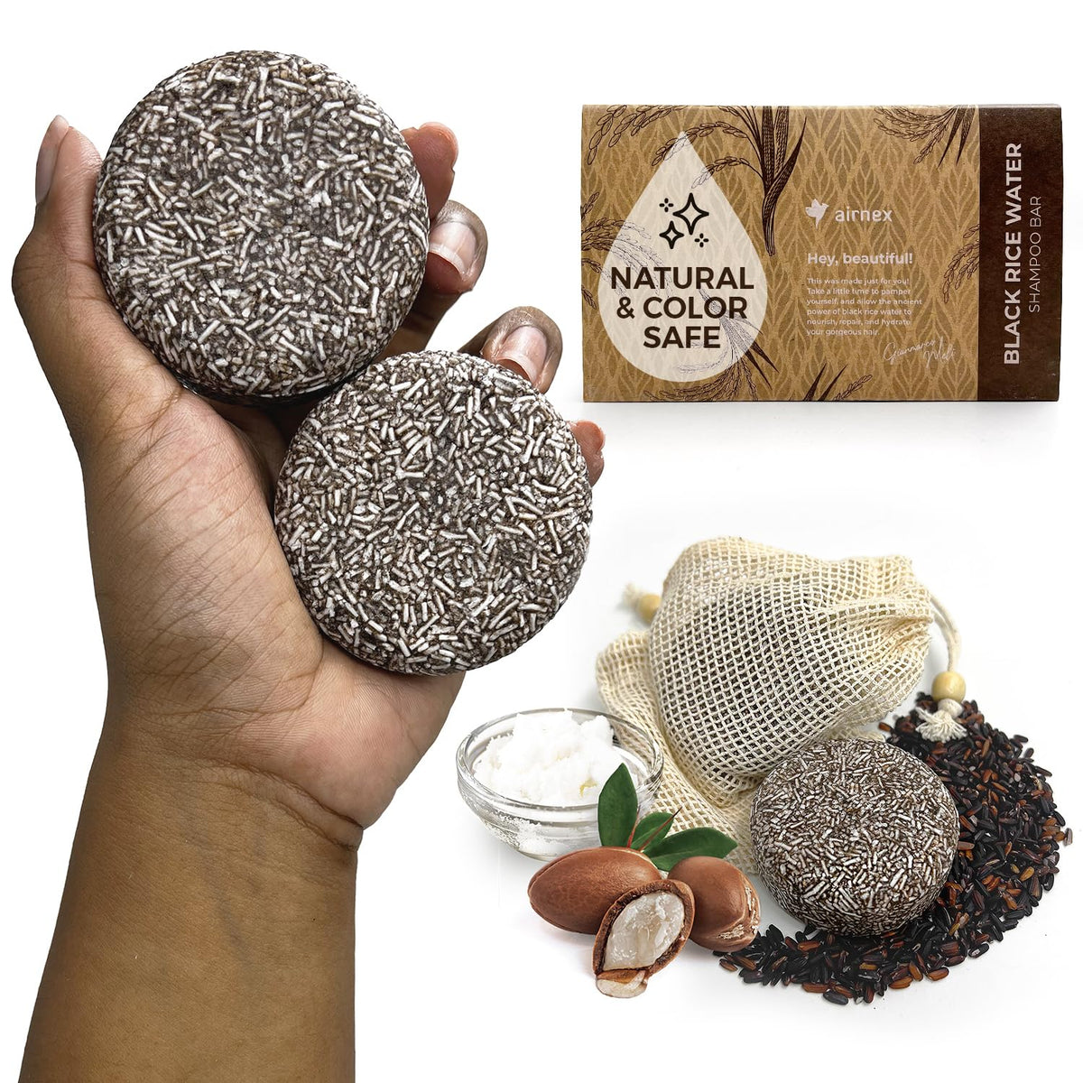 AirNEX champú en barra arroz negro fermentado listo para uso diario con nutrición suave