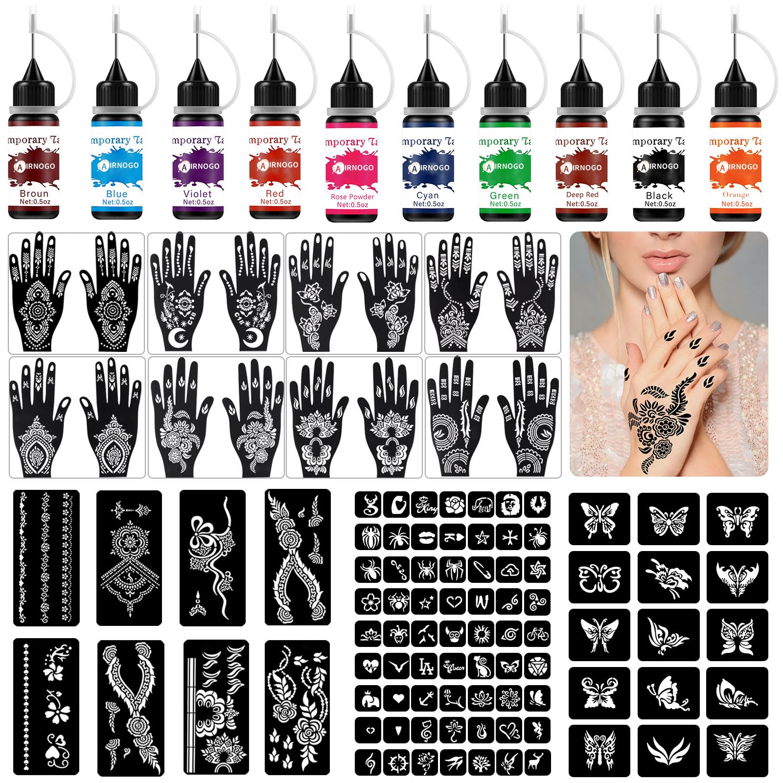 AirNOGO kit de tatuajes temporales con 10 botes para arte corporal.