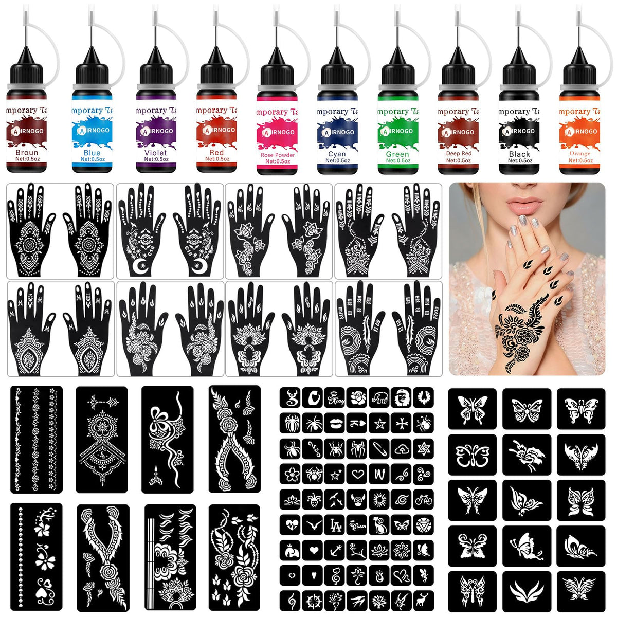 AirNOGO kit de tatuajes temporales con 10 botes para arte corporal.