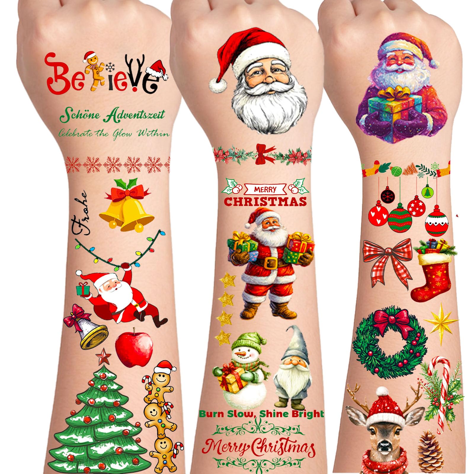 Tatuajes navideños AIRNOGO, colección de 9 hojas para niños, colores festivos.