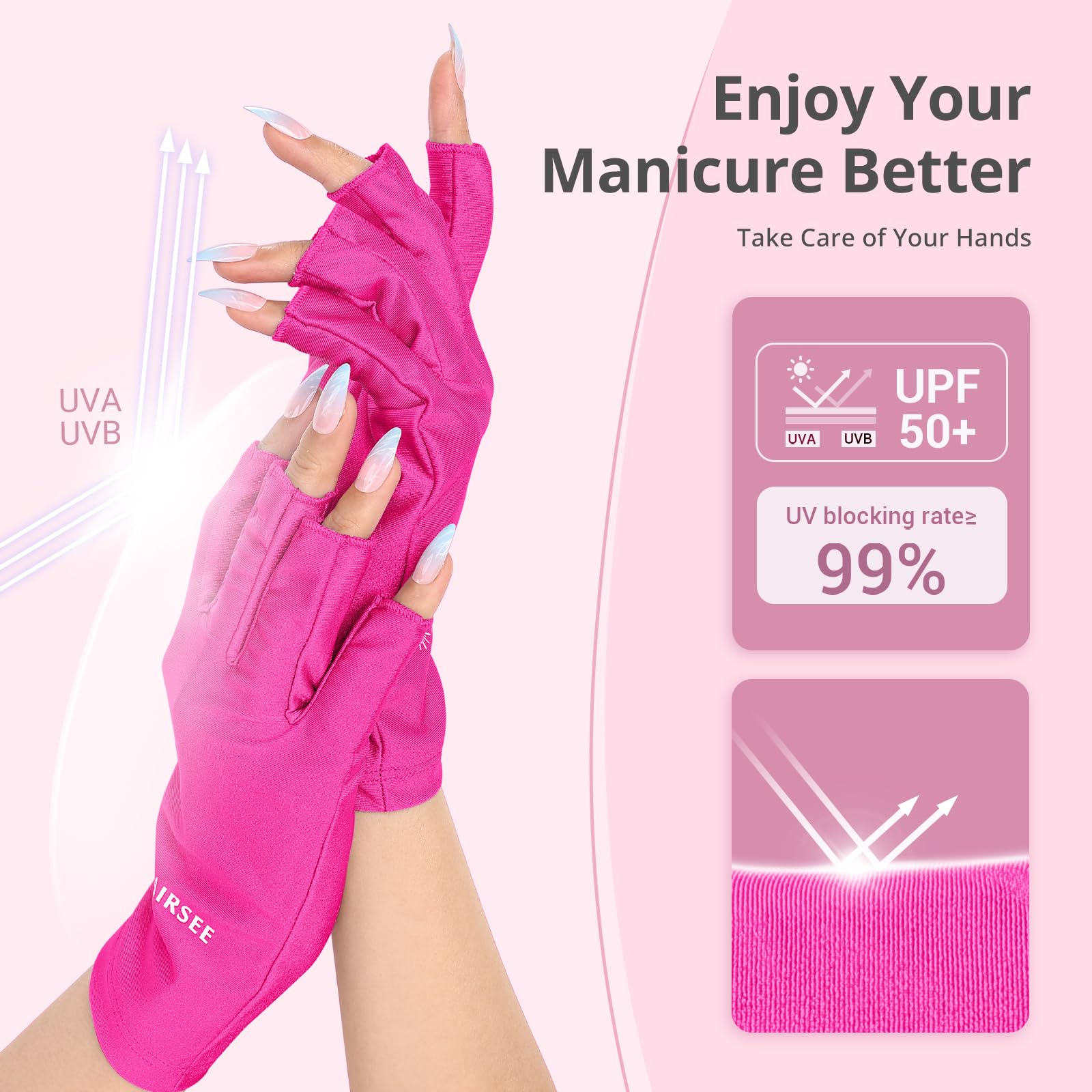 Guantes AIRSEE UV con dedos extendidos cubren cada dedo durante manicura.