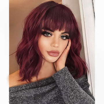 AISI HAIR peluca bob rizado con franja vino rojo para un estilo audaz