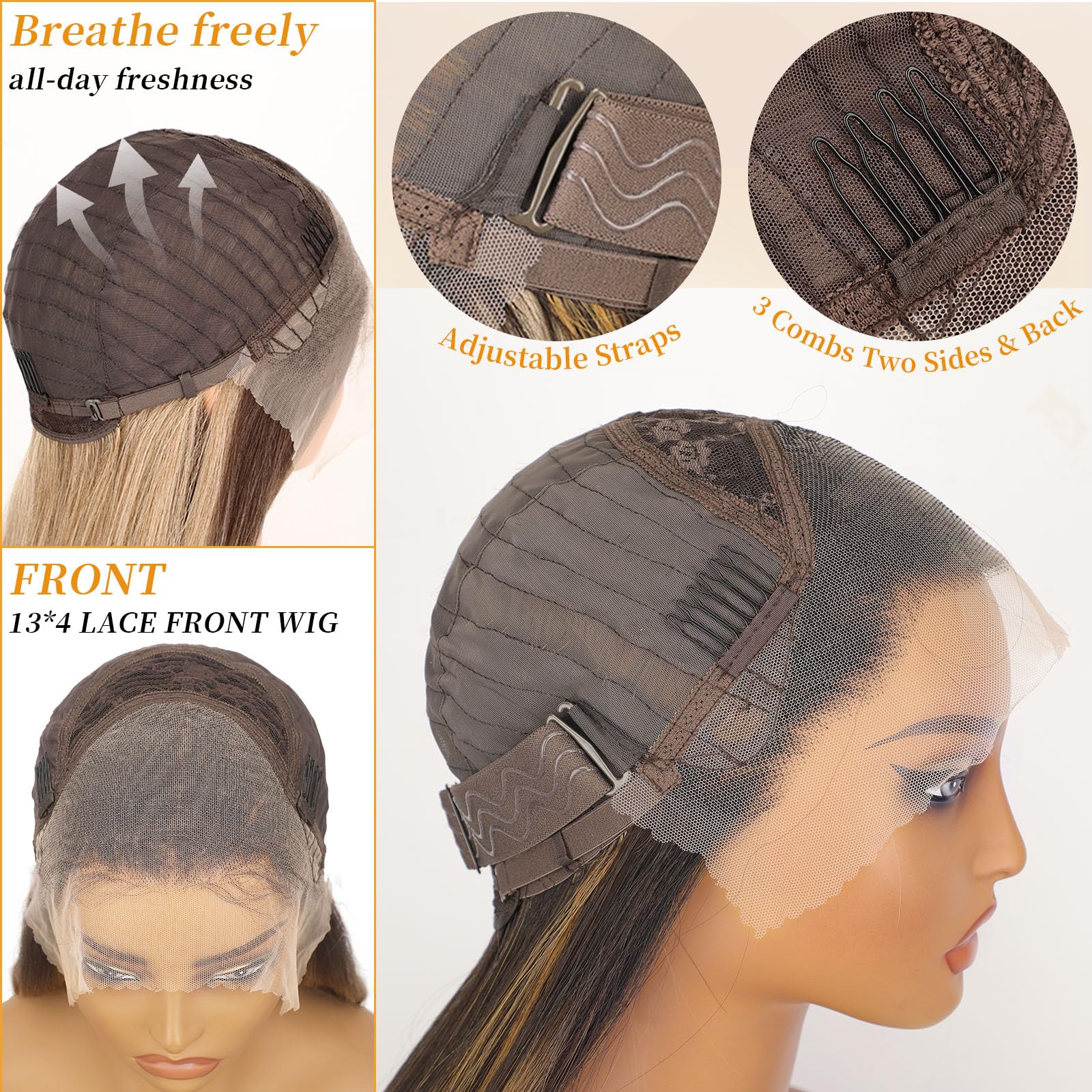 AISI HAIR peluca 22-5 pulgadas con tres peines y correa ajustable.