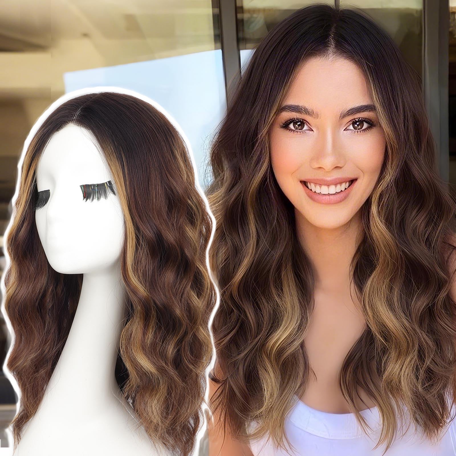 AISI HAIR cabello marrón resaltado con ondas medias para uso diario.