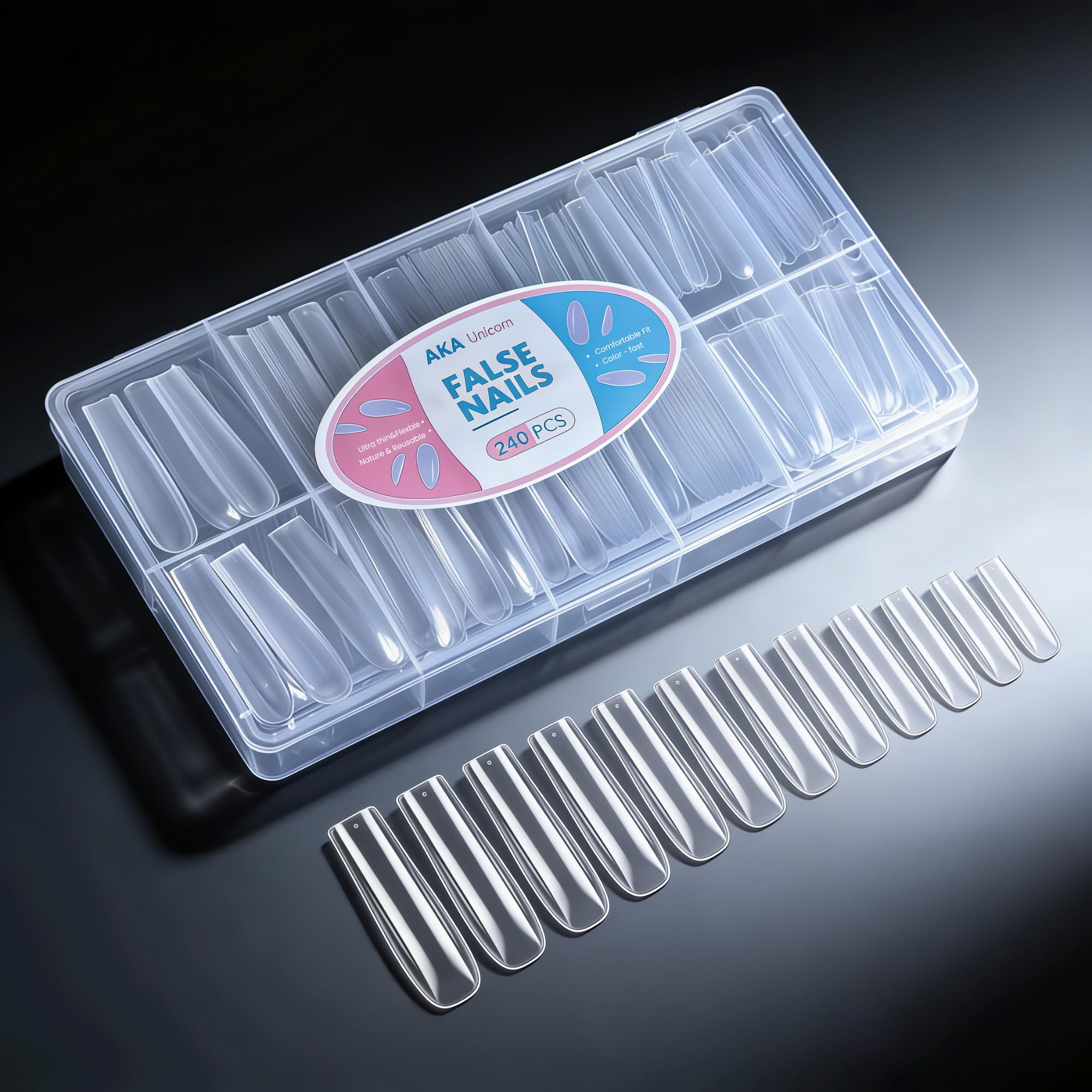  AKA Unicorn puntas gel cuadradas con cobertura total transparente para un aspecto natural.