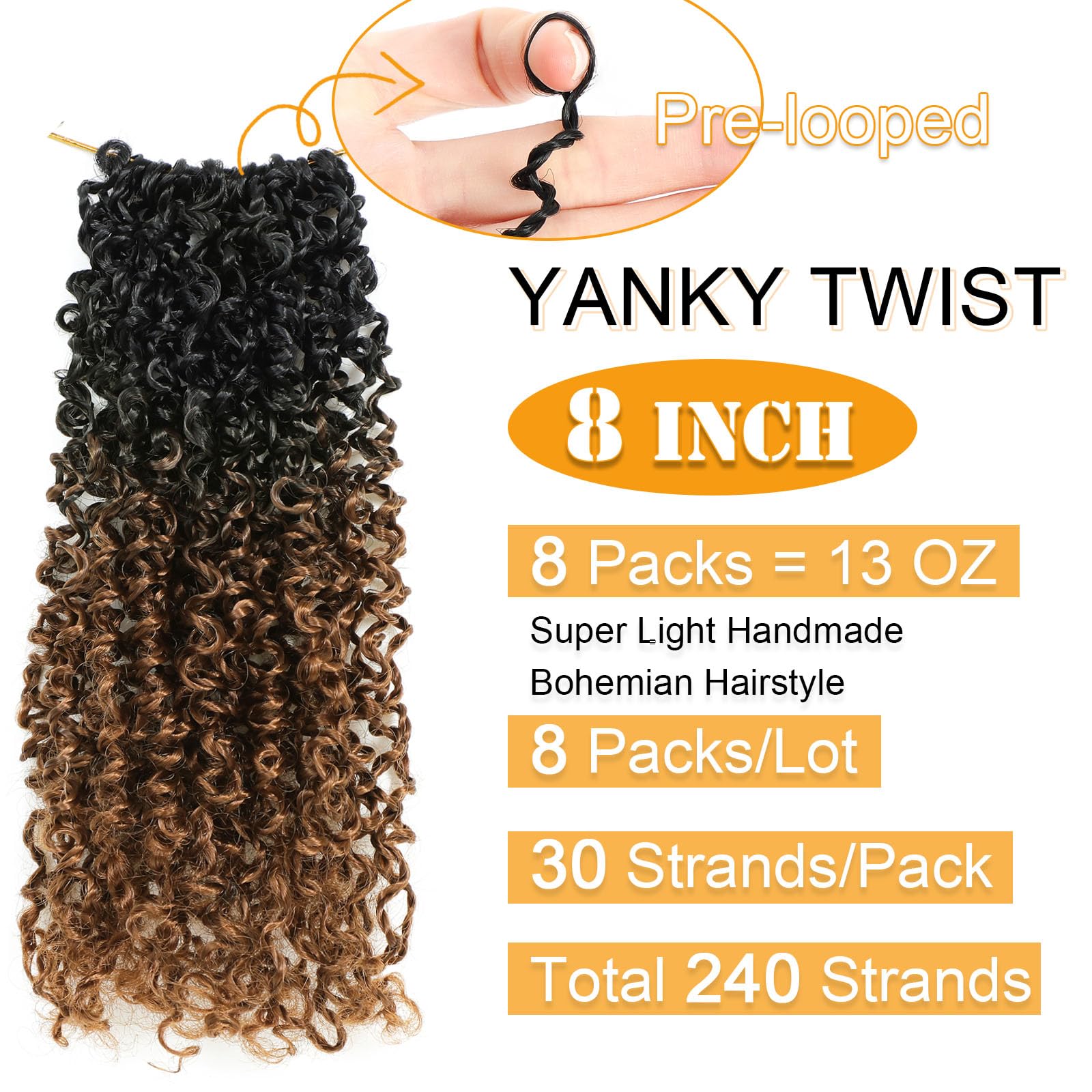 Aksice Yanky Twist 8 pulgadas, primer plano prebucleado para colocación fácil.