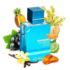 Al Haramain Amber Oud Aqua Dubai etiqueta distintiva para colección premium.