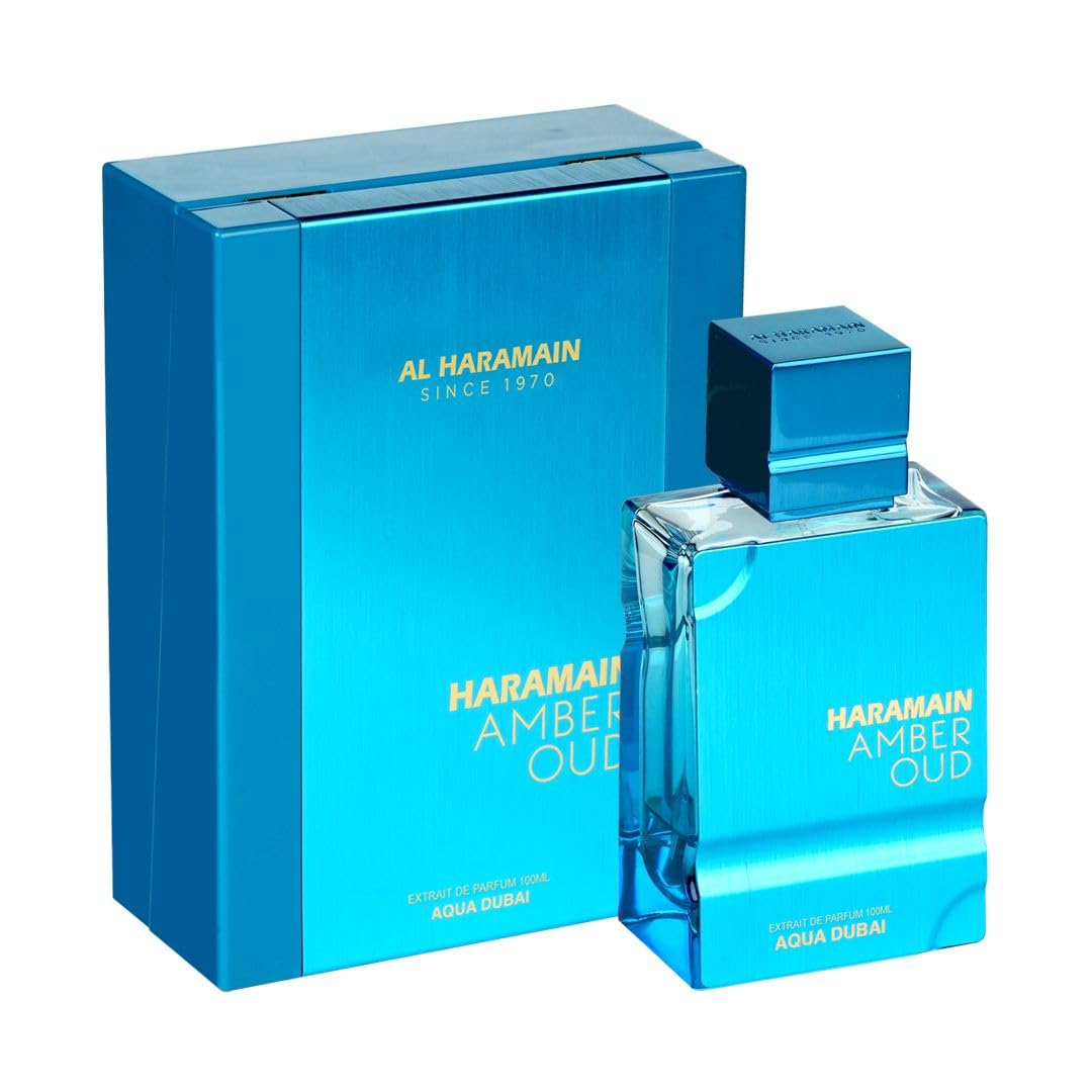 Al Haramain Amber Oud Aqua Dubai frasco elegante para uso diario y fragancia duradera.