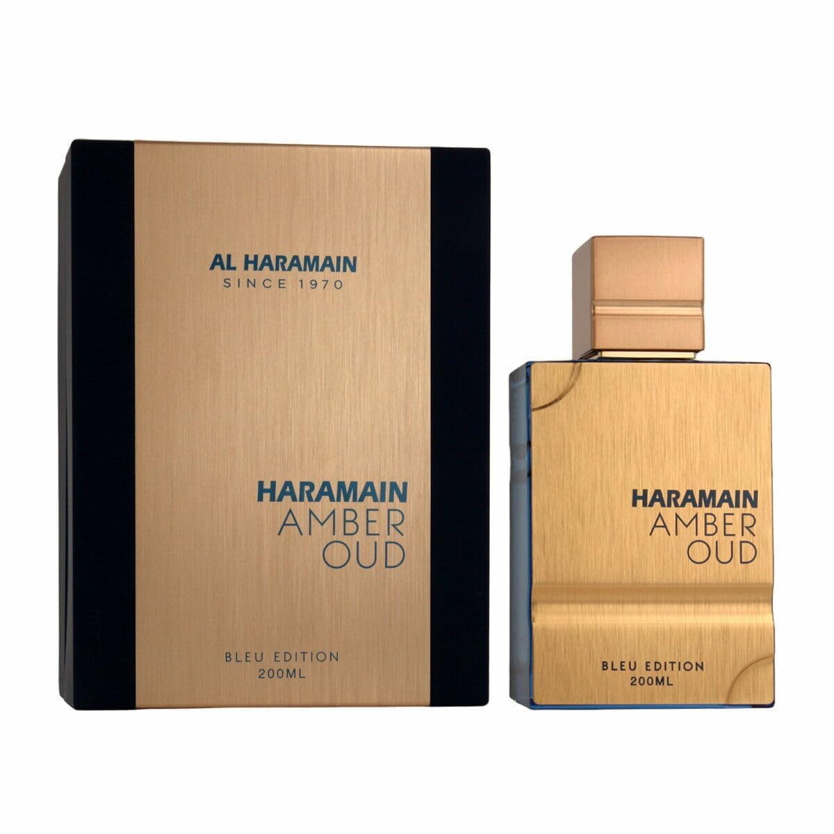 Al Haramain Amber Oud Blue Edition etiqueta premium para colección sofisticada.