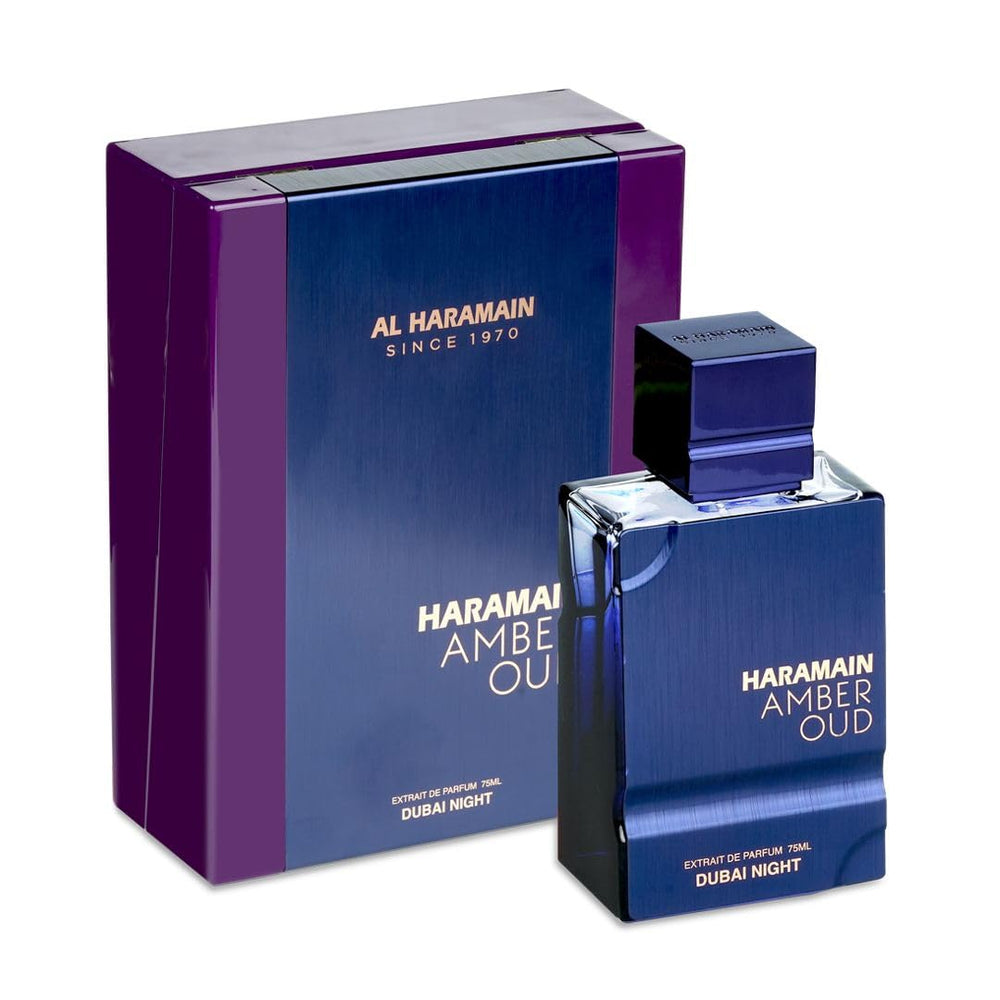 Al Haramain Amber Oud Dubai Night, botella frontal, aroma duradero para uso diario.