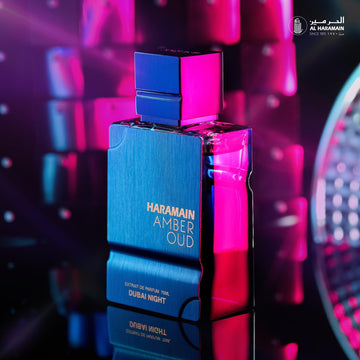 Al Haramain Amber Oud Dubai Night, caja elegante, aroma duradero para ocasiones nocturnas.