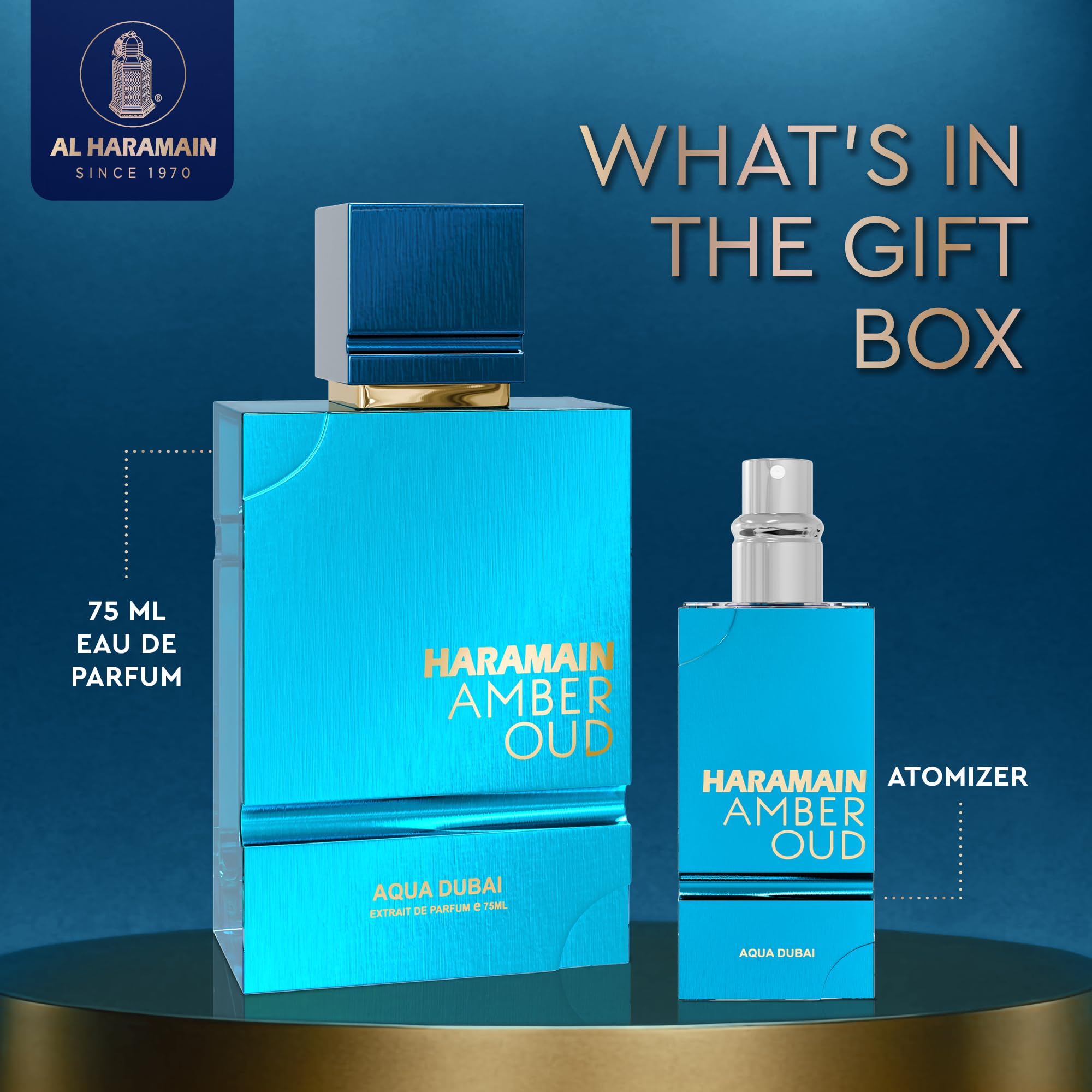 Al Haramain Amber Oud: etiqueta elegante que sugiere lujo y presencia.