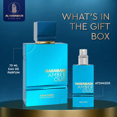 Al Haramain Amber Oud: etiqueta elegante que sugiere lujo y presencia.