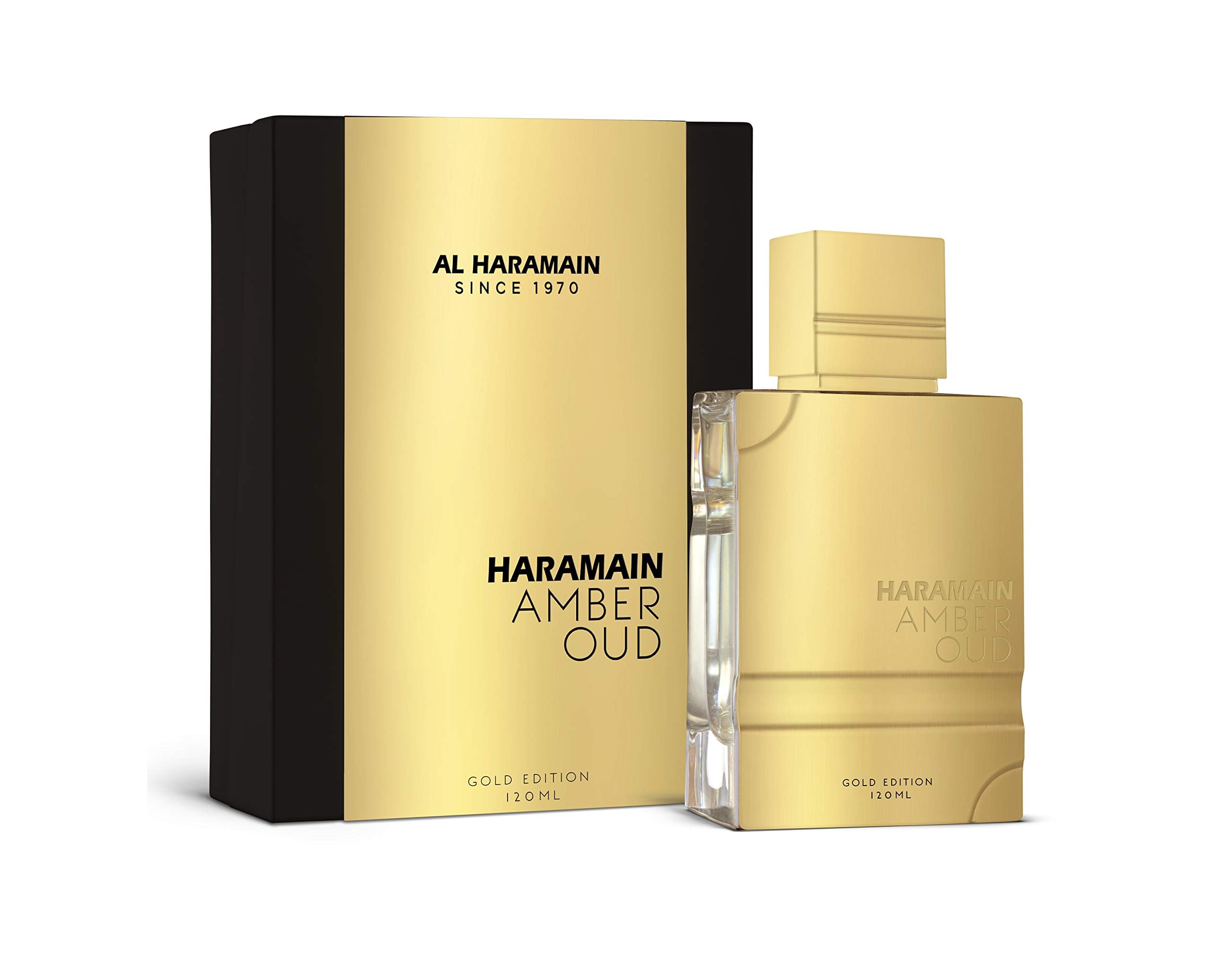 Al Haramain Amber Oud Gold Edition, botella frontal muestra diseño elegante, ideal para uso diario.