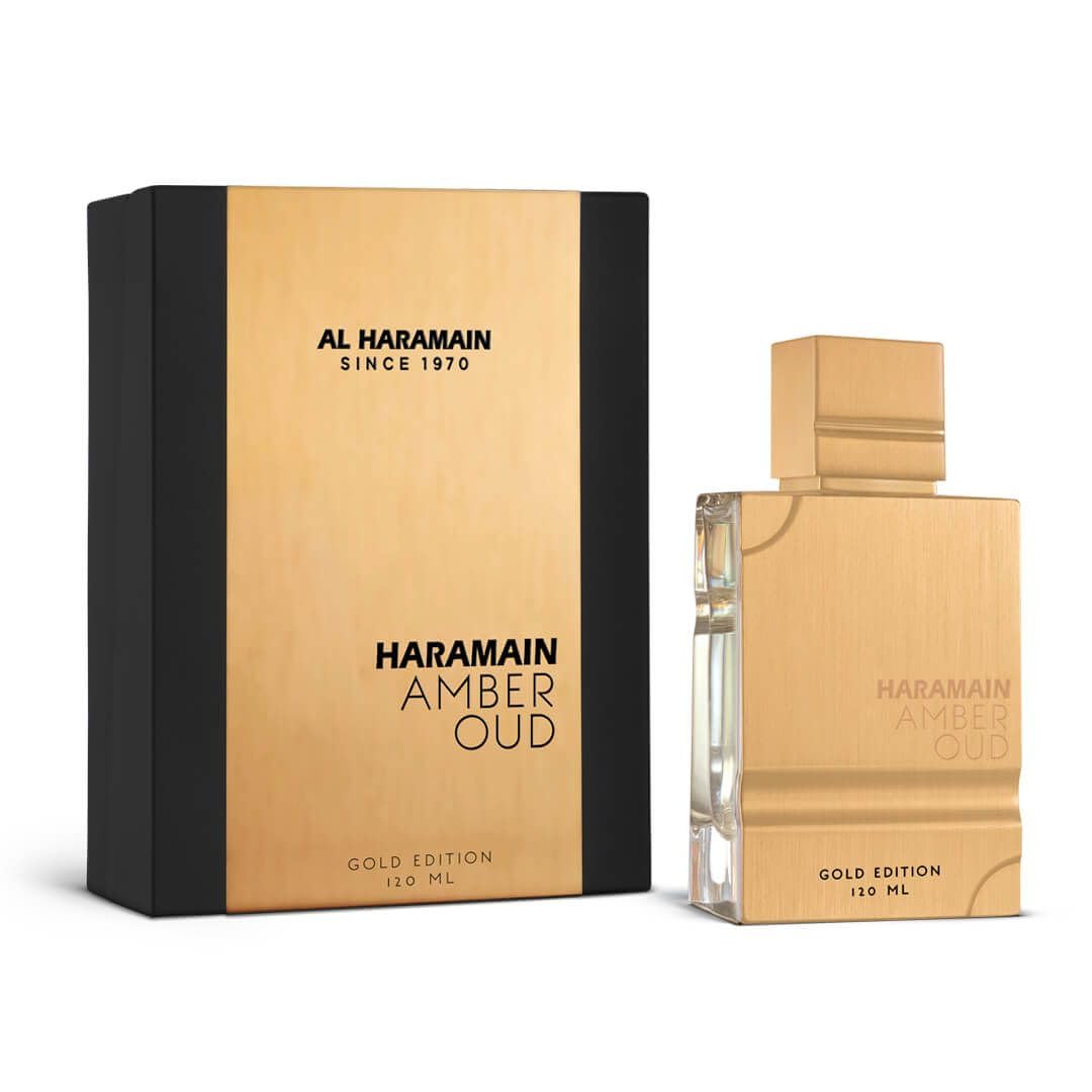 Al Haramain Amber Oud Gold Edition, caja atractiva para exhibición y regalo.