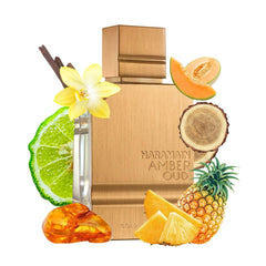 Notas centrales afrutadas con melón y piña, más ámbar cálido en Amber Oud Gold Edition.