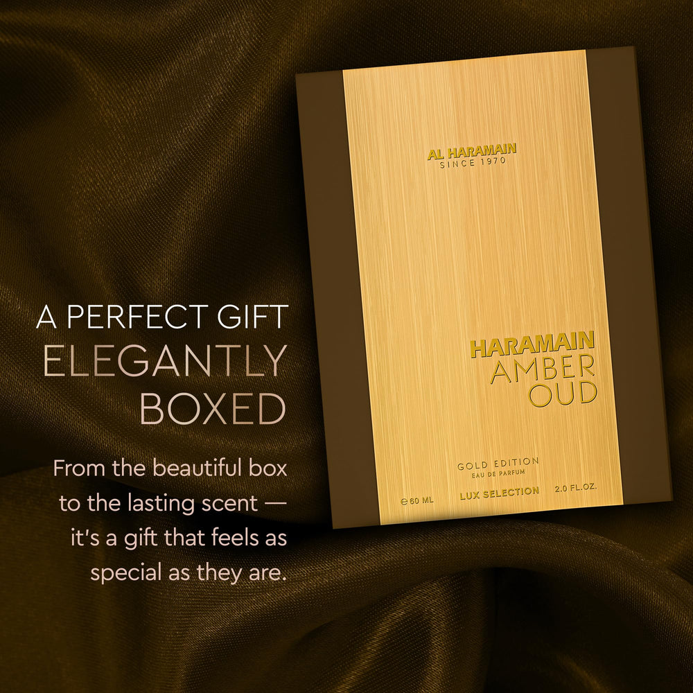 Al Haramain Amber Oud Gold Edition: diseño de botella elegante y versátil para cualquier ocasión.