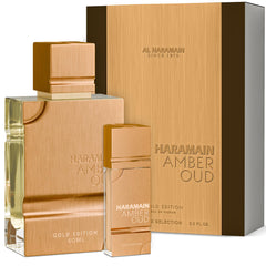 Al Haramain Amber Oud Gold Edition, vista frontal del frasco, perfume elegante para usar todo el día.