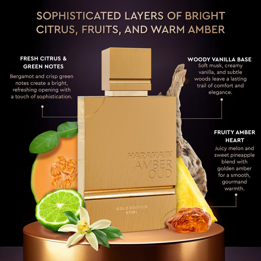 Al Haramain Amber Oud Gold Edition, base cálida con maderas y vainilla para un final sofisticado.