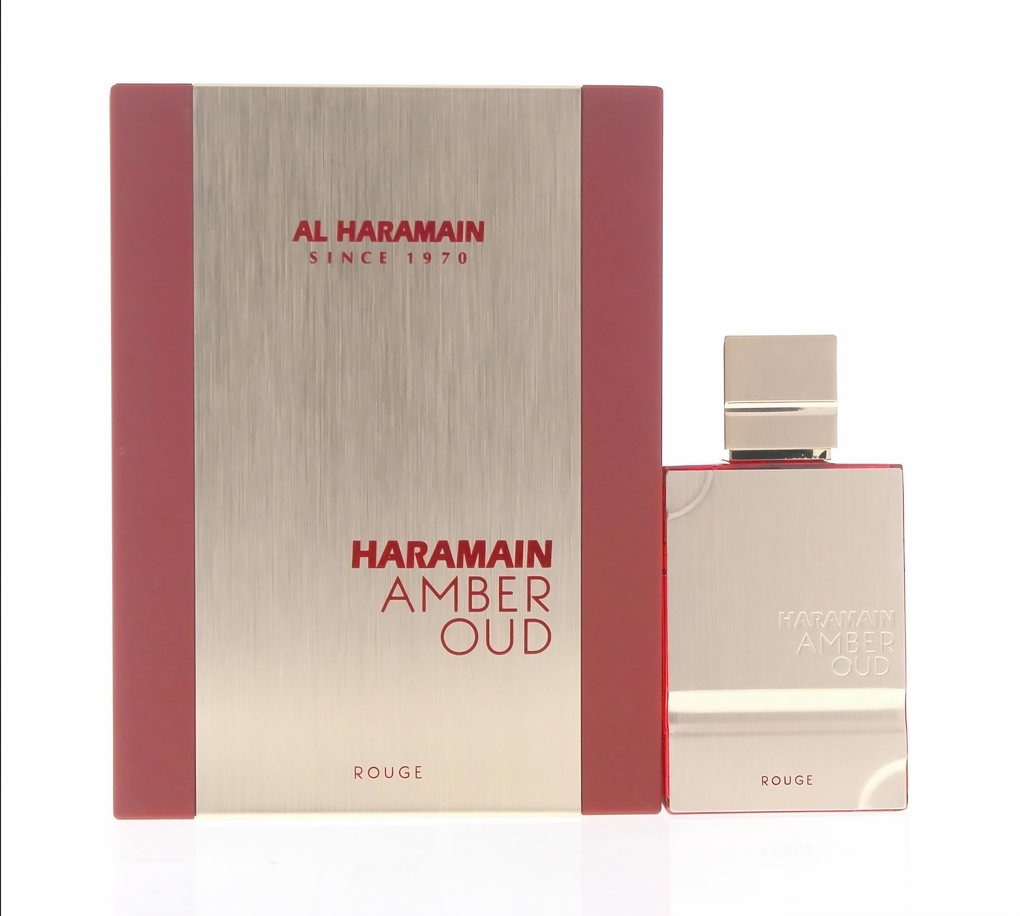Al Haramain Amber Oud Rouge caja de empaque exhibe elegancia premium