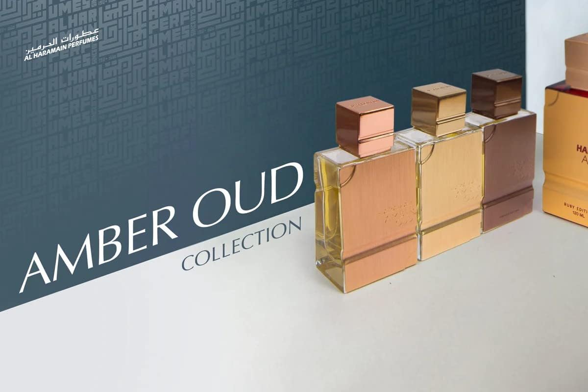 Fondo negro con Amber Oud Ruby Edition, enfoque en la forma y el brillo.
