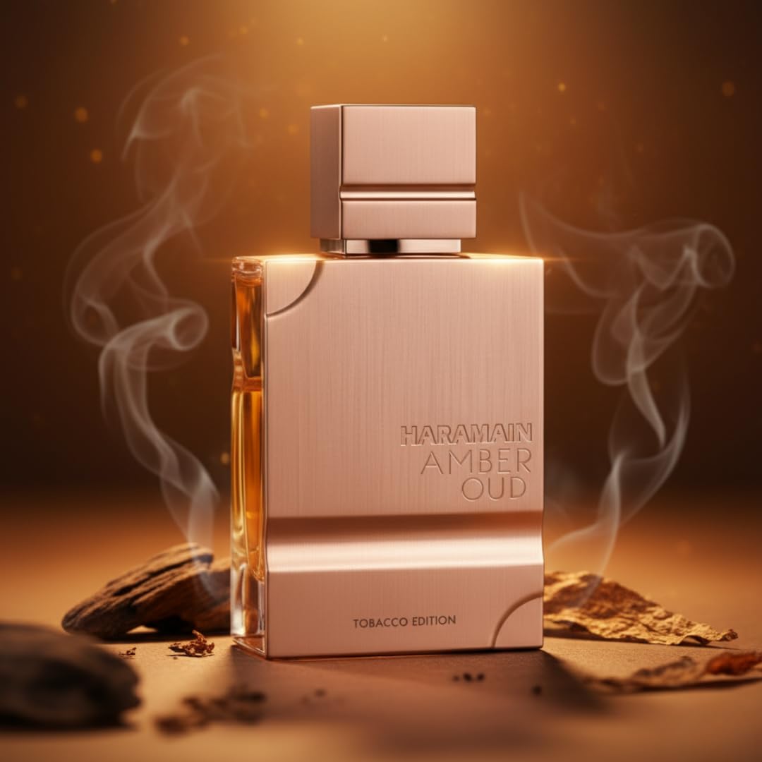 Al Haramain Amber Oud Tobacco Edition, frasco ámbar que destaca en la mesa de noche