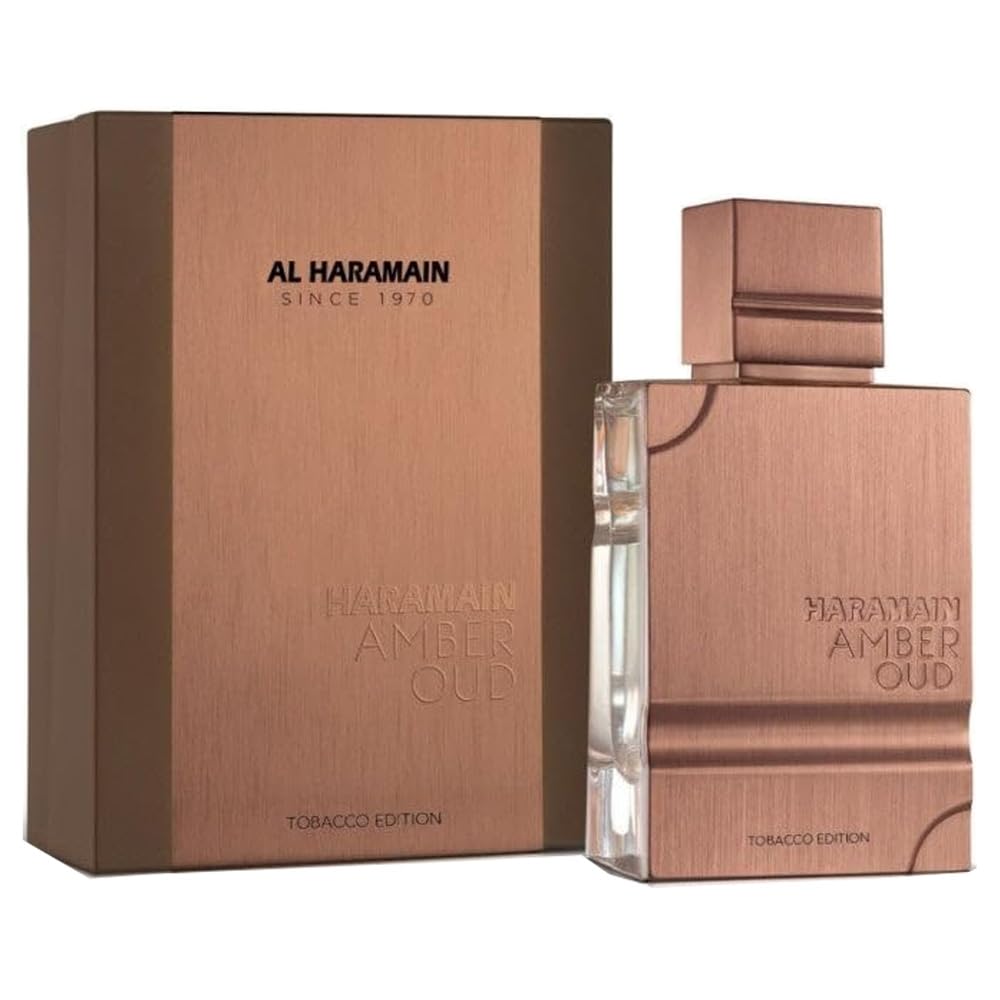 Al Haramain Amber Oud Tobacco Edition, etiqueta dorada que sugiere lujo