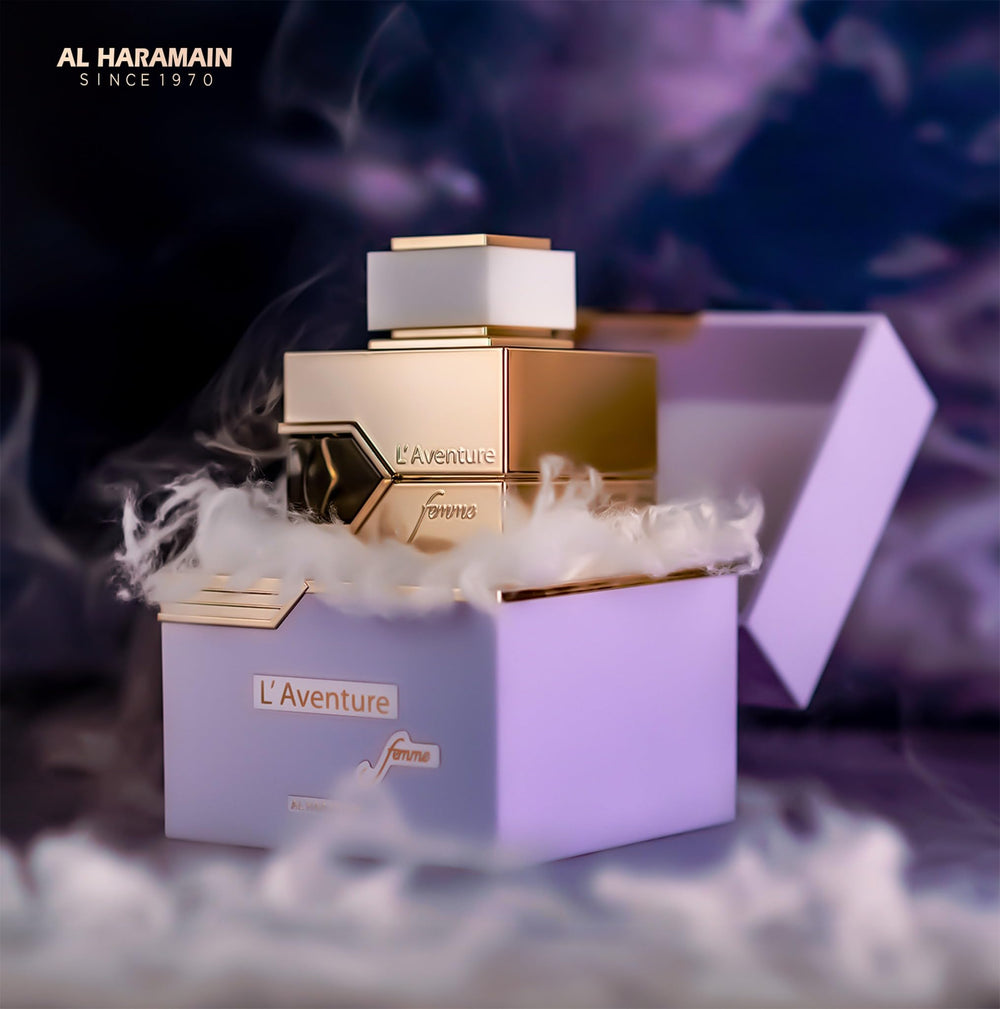 Al Haramain L'Aventure Femme, botella detalle, aroma duradero para uso diario.