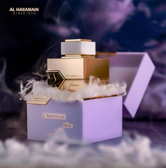 Al Haramain L'Aventure Femme, botella detalle, aroma duradero para uso diario.