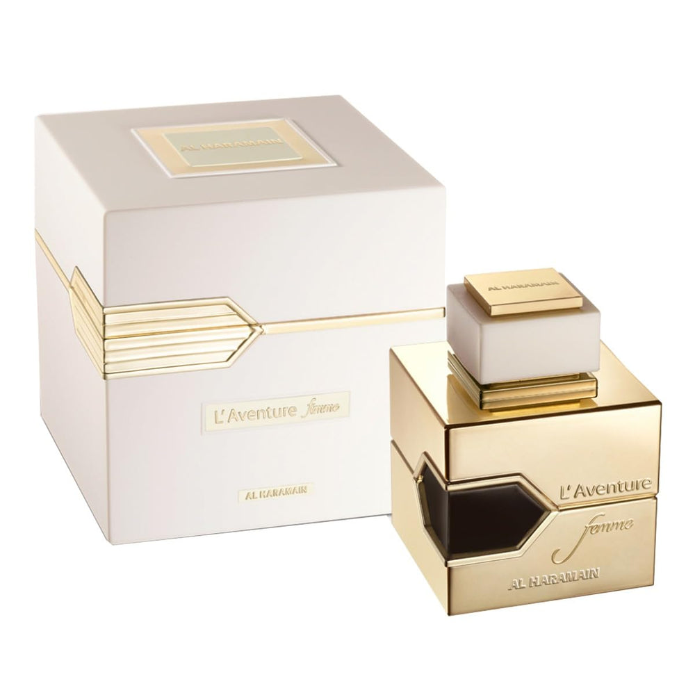 Al Haramain L'Aventure Femme, caja externa, presencia premium para eventos.