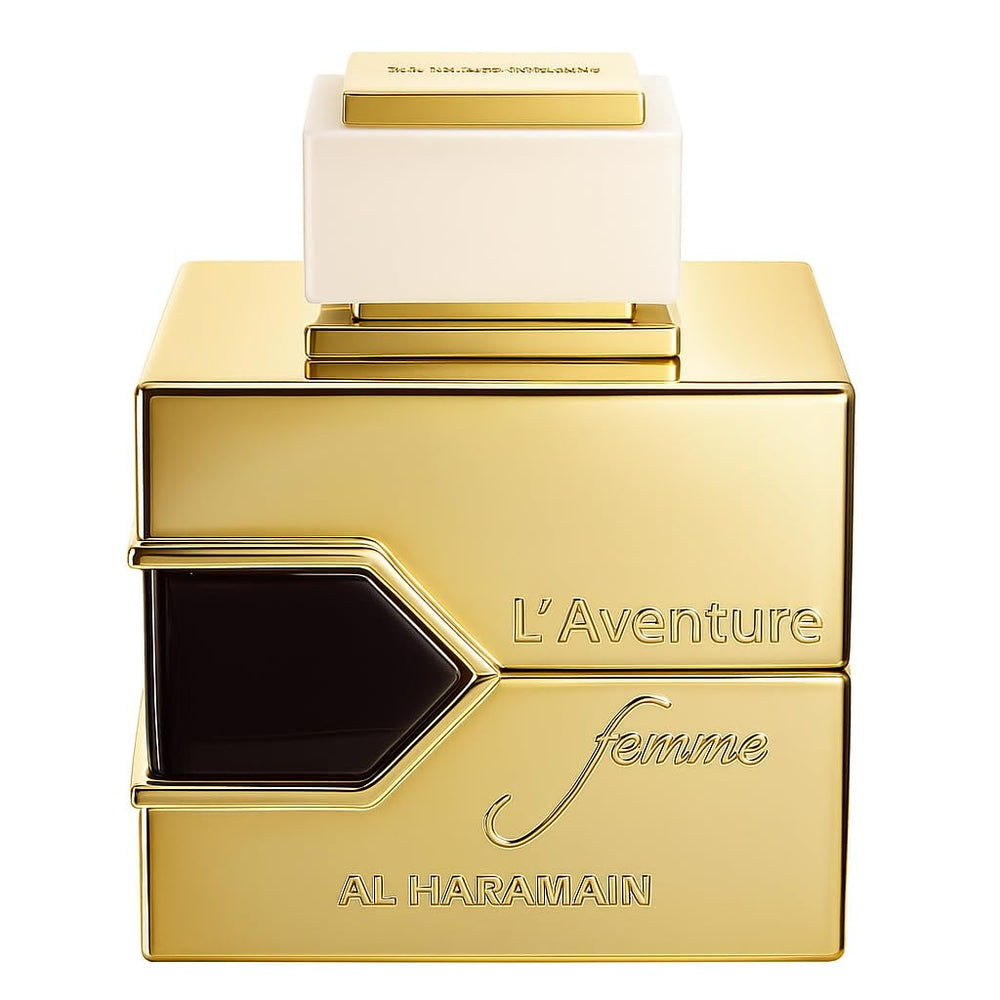 Al Haramain L'aventure Femme, frasco cercano, diseño elegante para uso diario.