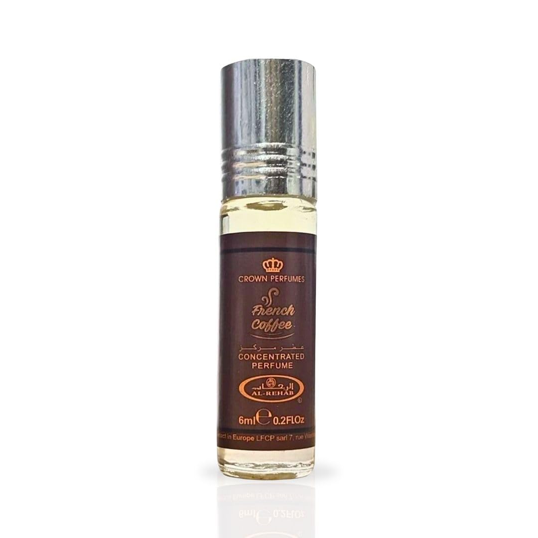 Al-Rehab Café Francés: aceite perfumado en envase compacto, aroma cremoso de café.