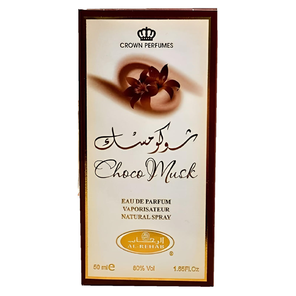 Al-Rehab Choco Musk: base ambarina y madera para longevidad y proyección moderada.