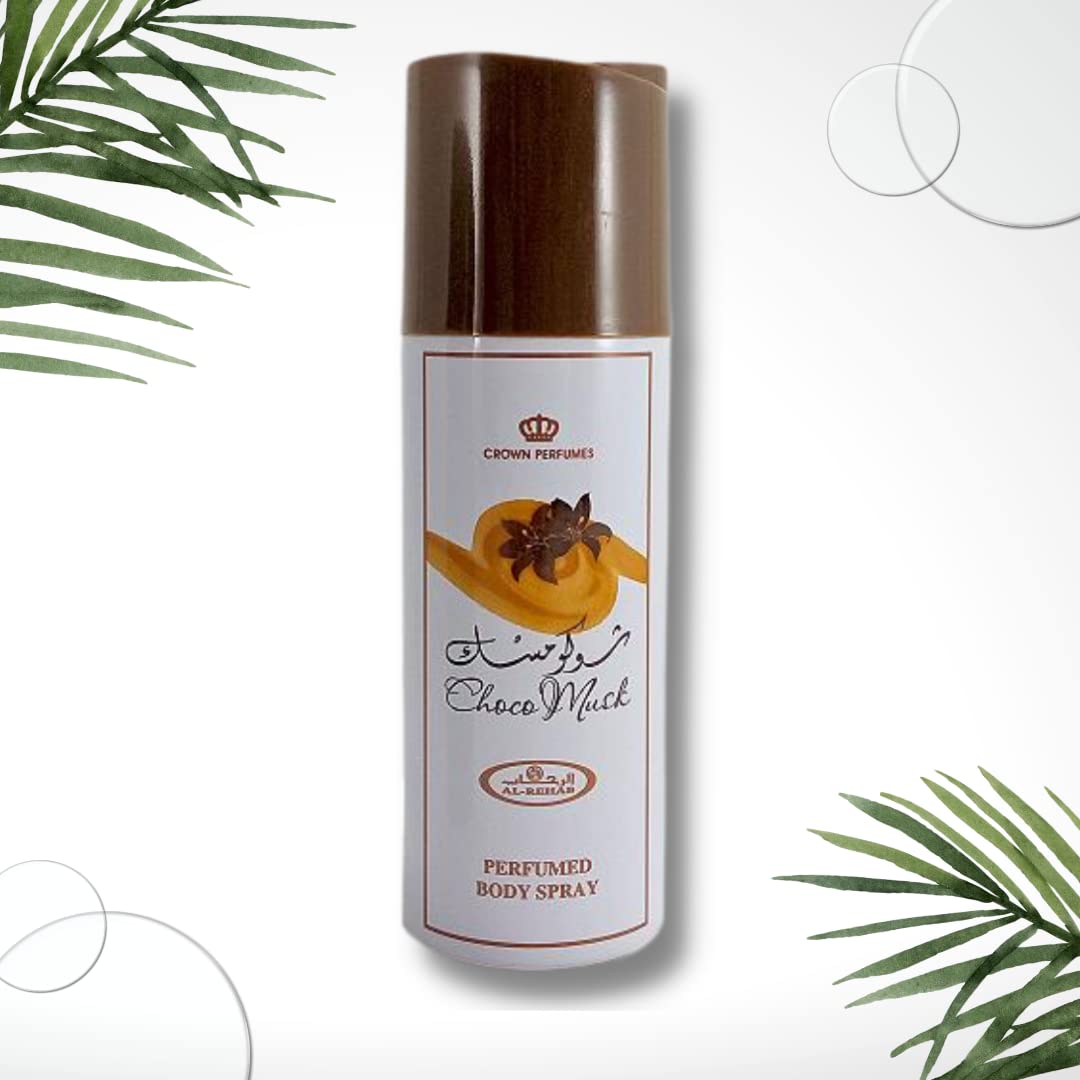 Al-Rehab Choco Musk, spray corporal en mano, ideal para ritual de fragancia