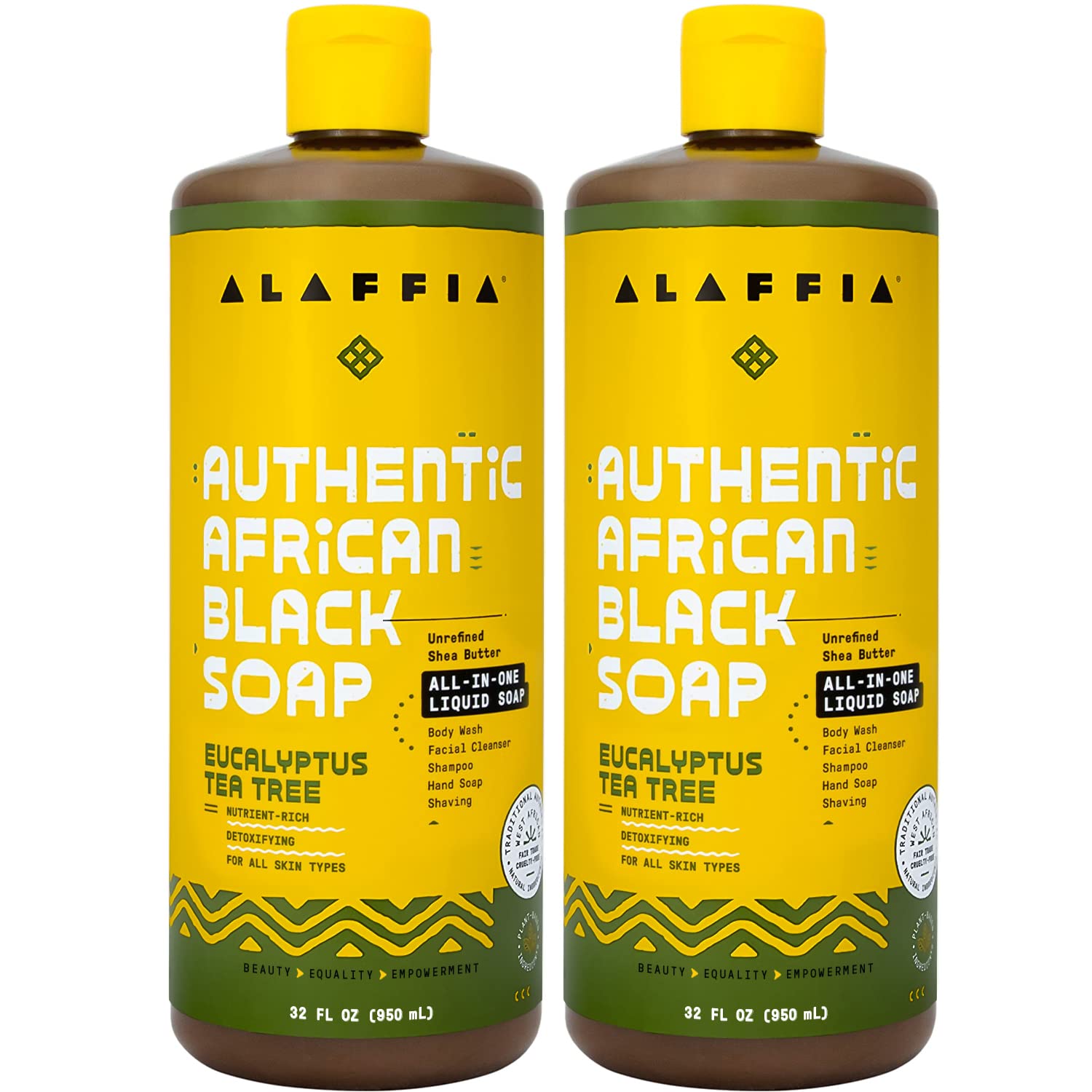 Jabón Negro Africano de Alaffia en botella con eucalipto y árbol de té para limpieza diaria.