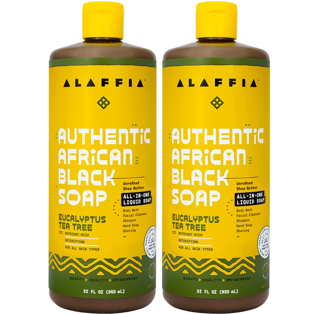 Jabón Negro Africano de Alaffia en botella con eucalipto y árbol de té para limpieza diaria.