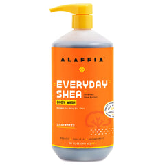 Alaffia EveryDay Shea Body Wash: botella visible, limpieza suave para piel normal a seca.