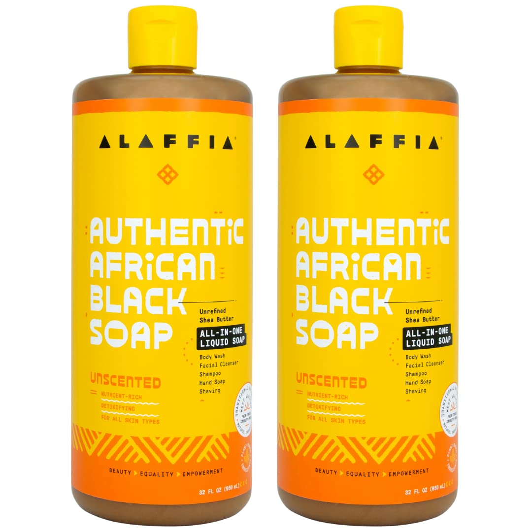 Alaffia Jabón Negro Africano en botella 2-pack para uso diario en rostro y cuerpo.