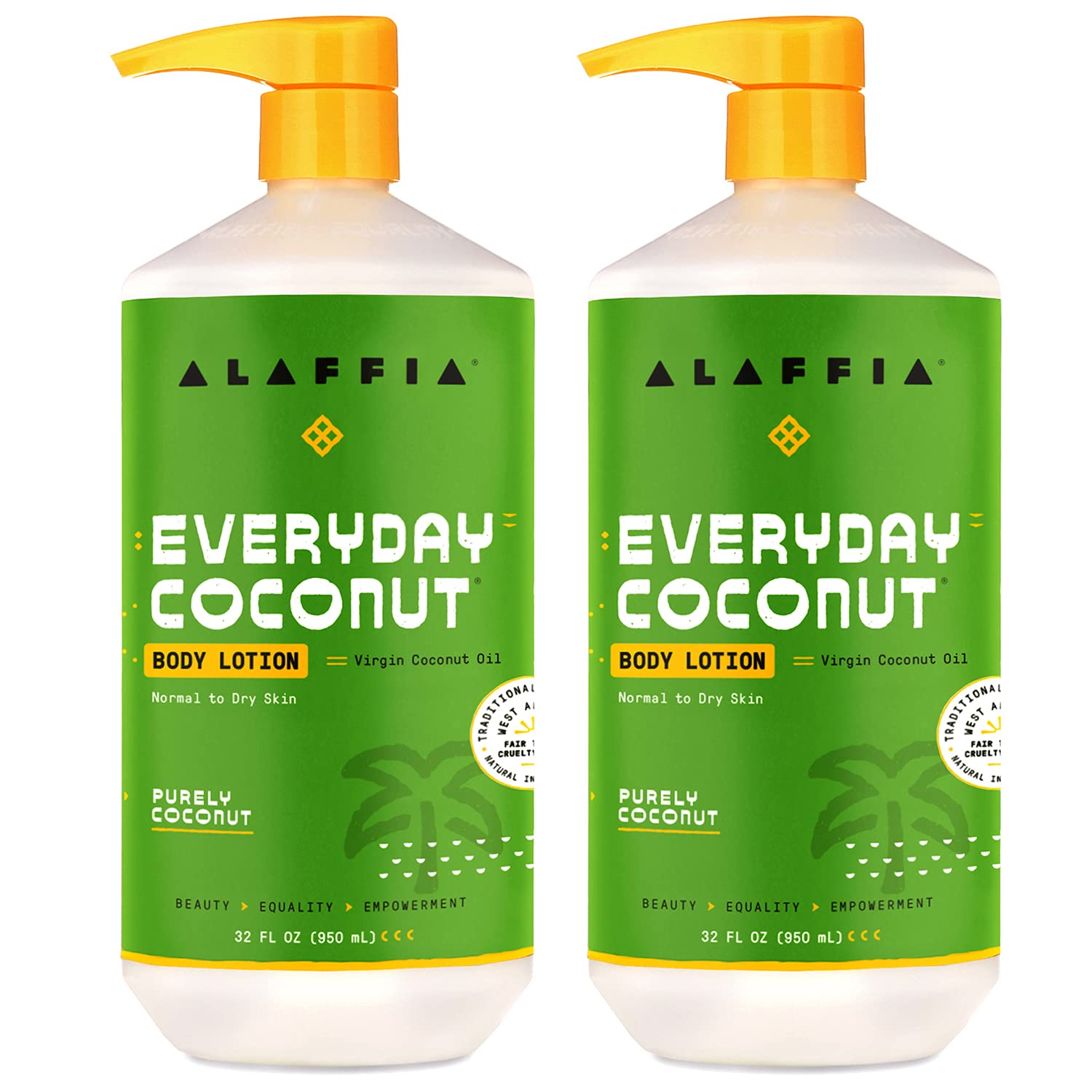 Alaffia Loción Coco Diario, botella derramando, hidratación diaria para piel suave.