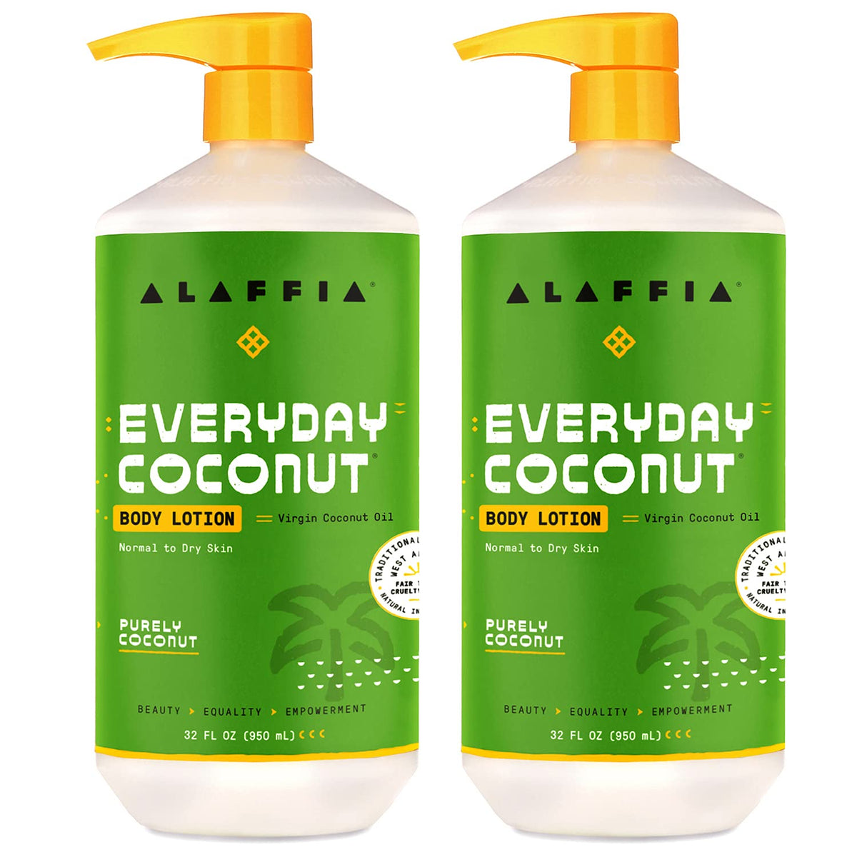 Alaffia Loción Coco Diario, botella derramando, hidratación diaria para piel suave.