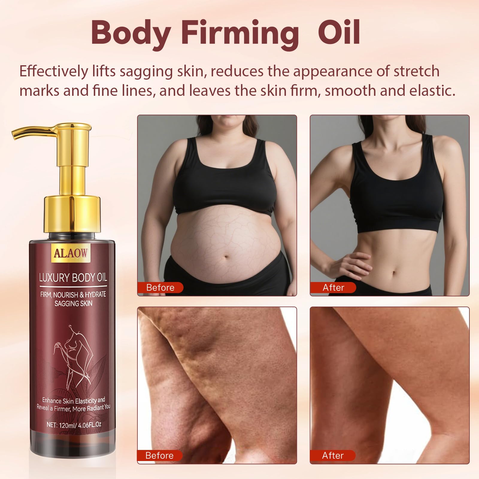 ALAOW Aceite Reafirmante Corporal: textura ligera que se absorbe rápido y nutre profundamente.