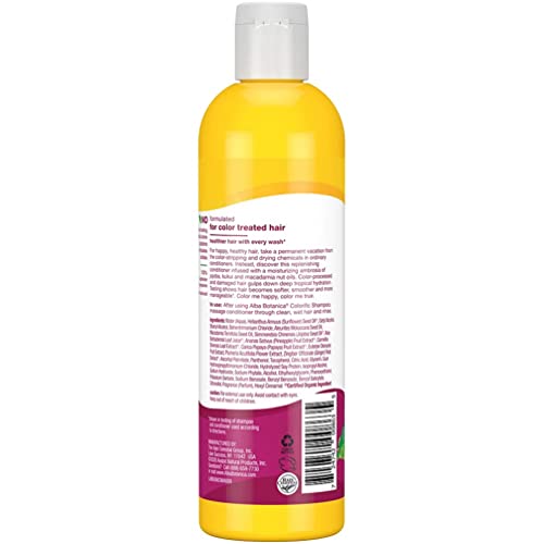 Alba Botanica Colorific Plumeria, etiqueta cercana con ingredientes botánicos