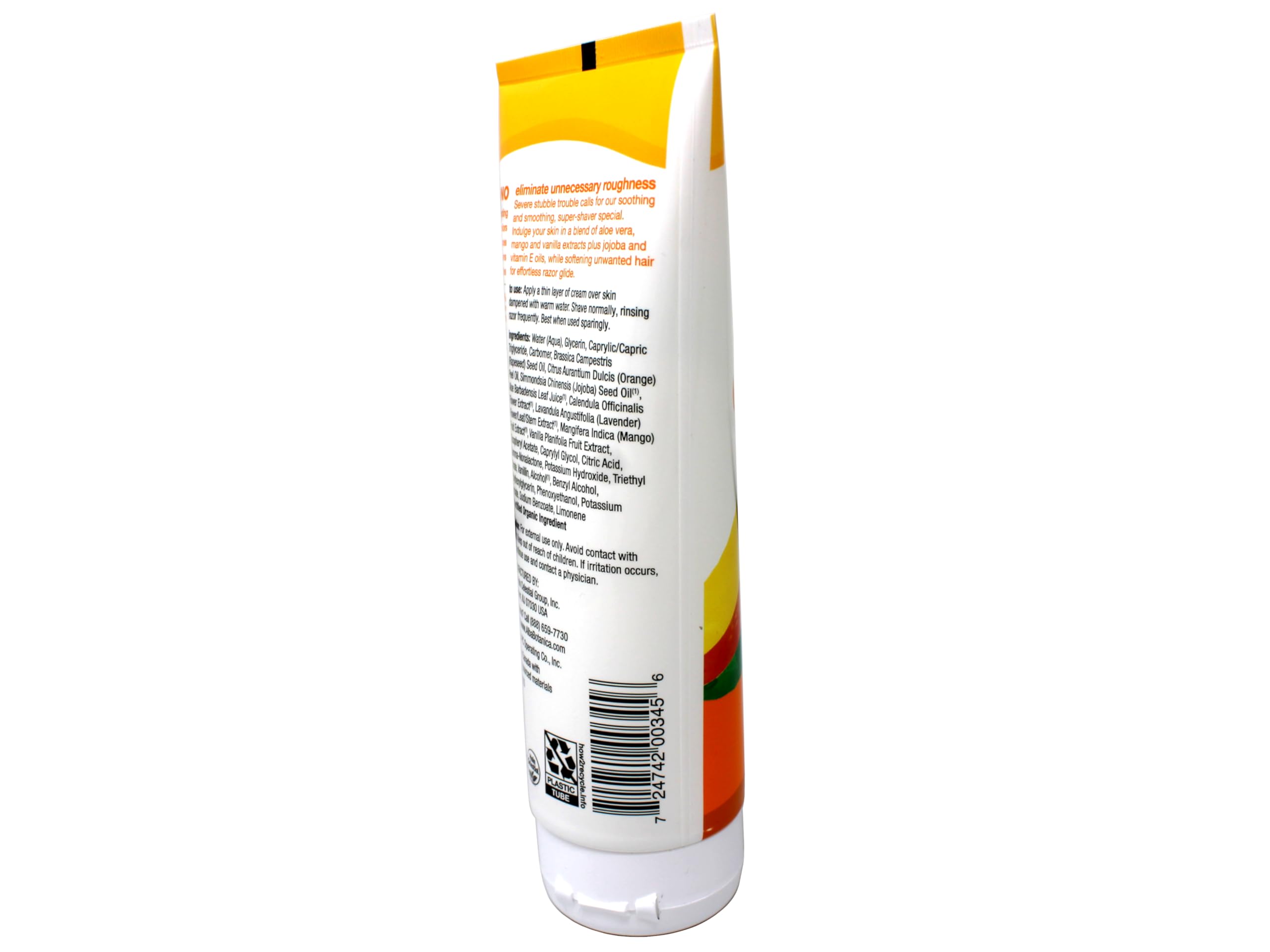 ALBA Botanica Cream Shave Mango Vanilla, caja atractiva para estantería de baño.